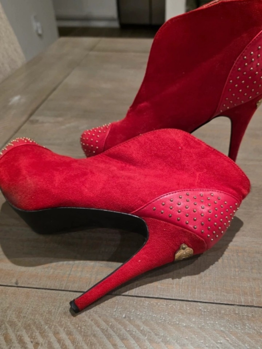 Red Suede Coogi High Heel Booties with Stud Detail - Women